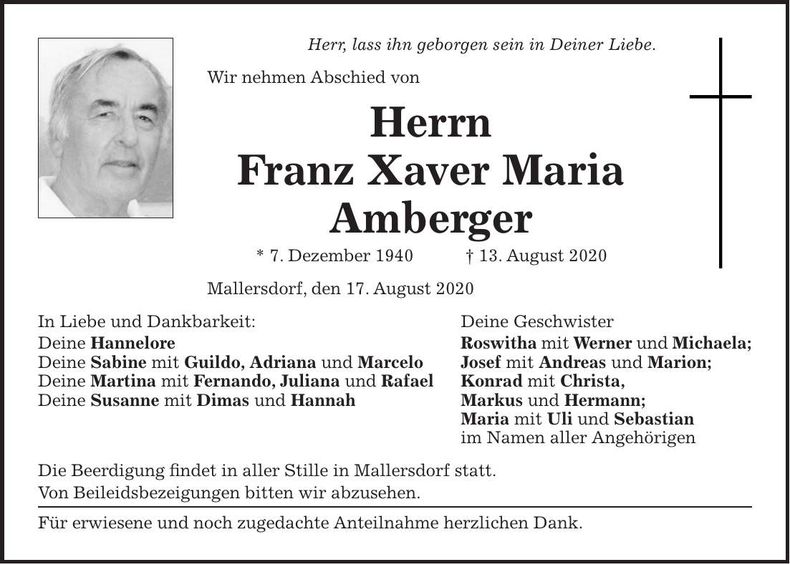 Traueranzeige Franz Xaver Maria Amberger