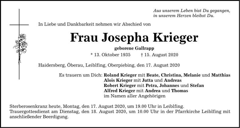 Traueranzeige Josepha Krieger