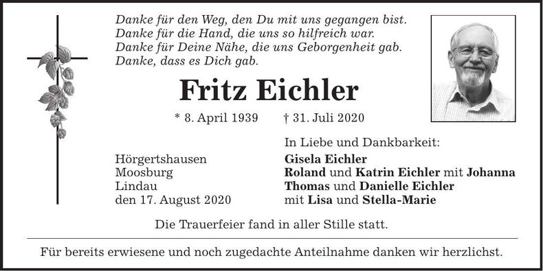 Traueranzeige Fritz Eichler