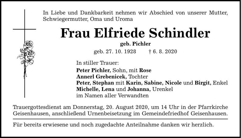 Traueranzeige Elfriede Schindler