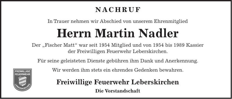 Traueranzeige Martin Nadler