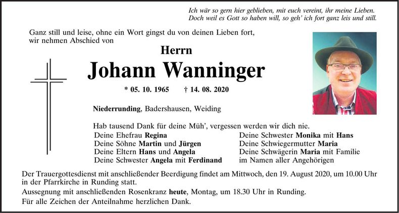 Traueranzeige Johann Wanninger