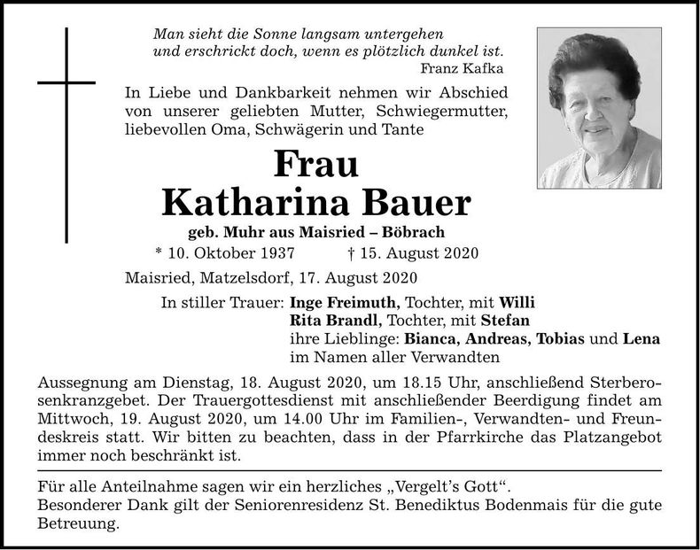 Traueranzeige Katharina Bauer