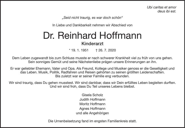 Traueranzeige Reinhard Dr. Hoffmann