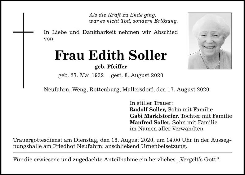 Traueranzeige Edith Soller