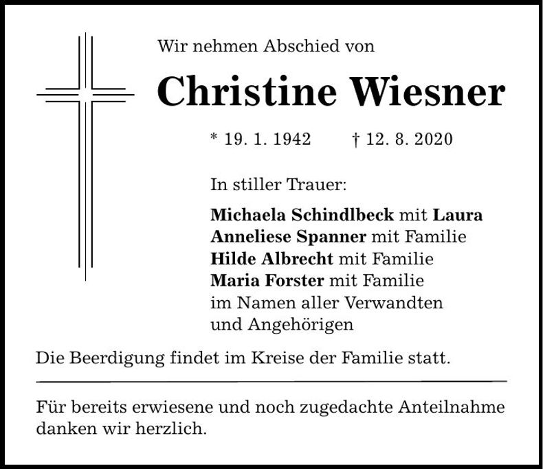 Traueranzeige Christine Wiesner