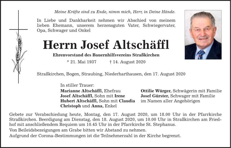 Traueranzeige Josef Altschäffl