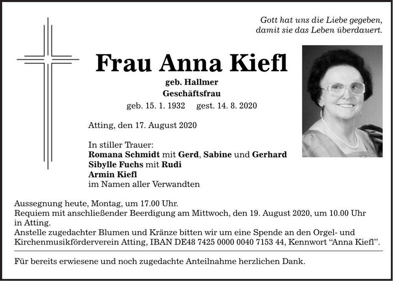 Traueranzeige Anna Kiefl