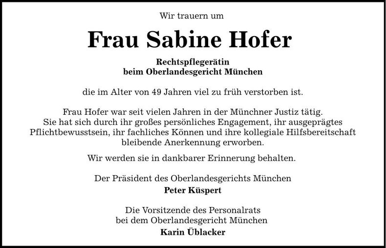 Traueranzeige Sabine Hofer
