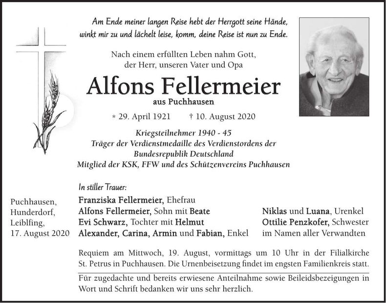 Traueranzeige Alfons Fellermeier