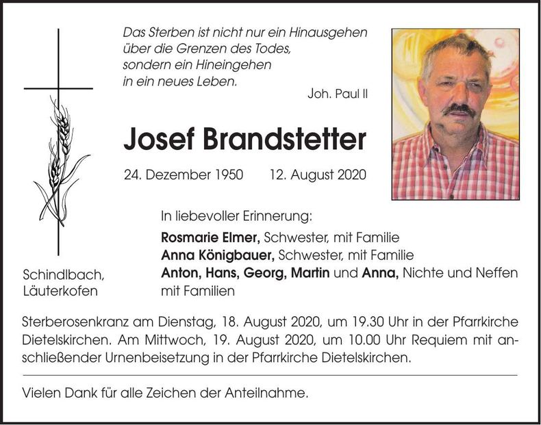 Traueranzeige Josef Brandstetter