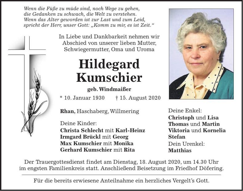 Traueranzeige Hildegard Kumschier