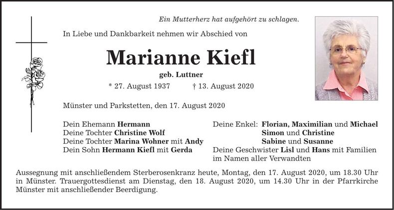 Traueranzeige Marianne Kiefl