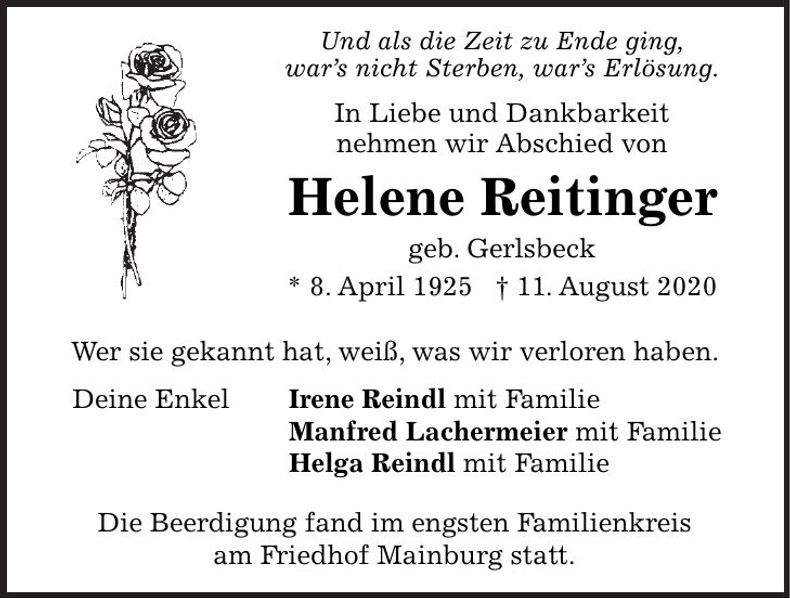 Traueranzeige Helene Reitinger
