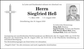 Traueranzeige Siegfried Heß