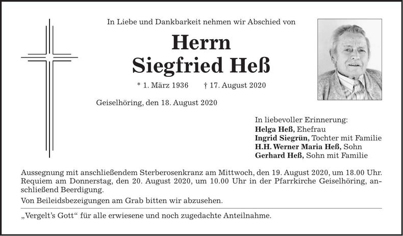 Traueranzeige Siegfried Heß