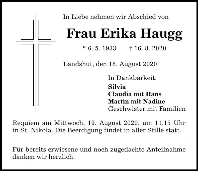 Traueranzeige Erika Haugg