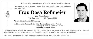 Traueranzeige Rosa Roßmeier