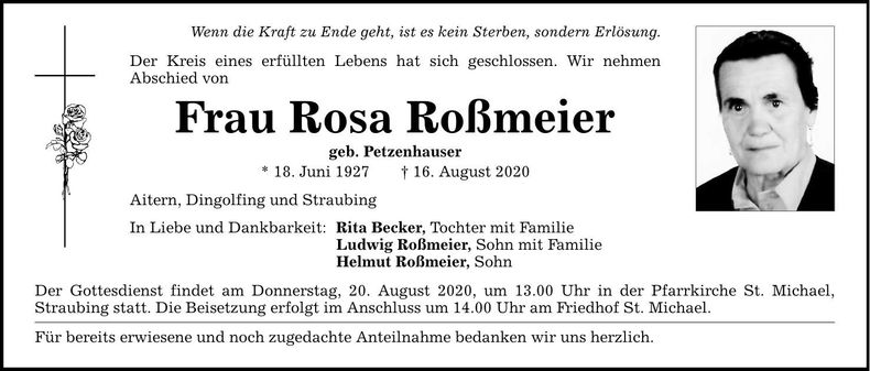Traueranzeige Rosa Roßmeier