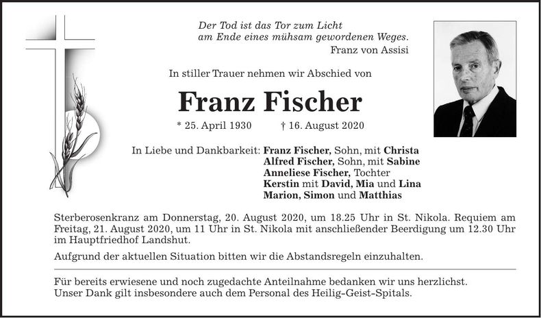 Traueranzeige Franz Fischer