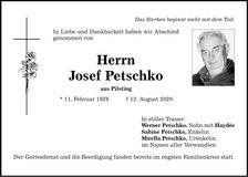 Traueranzeige Josef Petschko