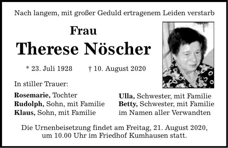 Traueranzeige Therese Nöscher