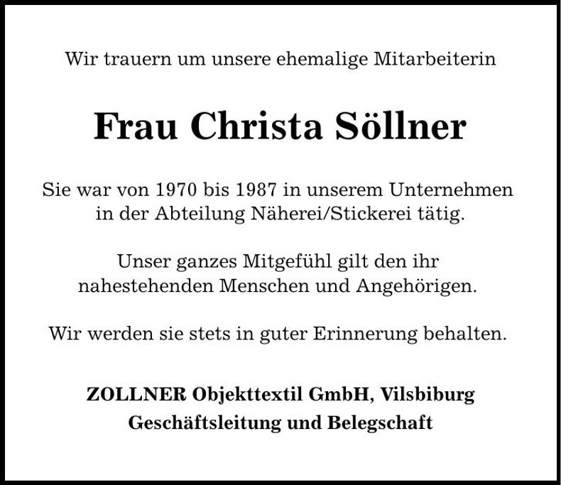 Traueranzeige Christa Söllner