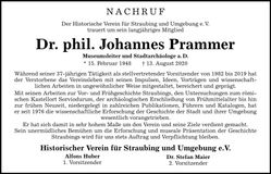 Traueranzeige Joannes Prammer