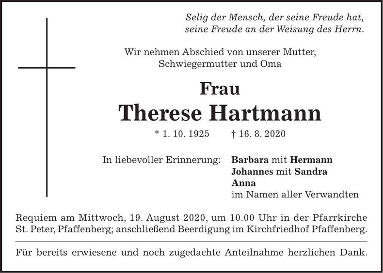 Traueranzeige Therese Hartmann