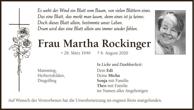 Traueranzeige Martha Rockinger