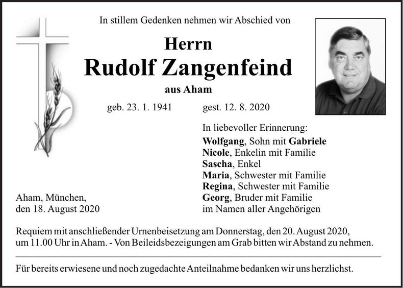 Traueranzeige Rudolf Zangenfeind