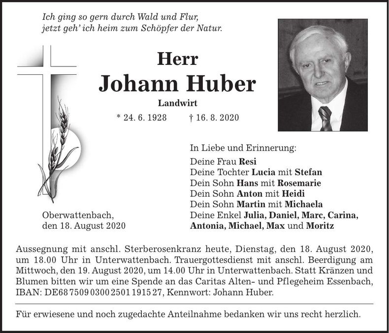 Traueranzeige Johann Huber