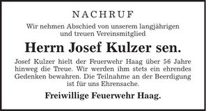 Traueranzeige Josef Kulzer