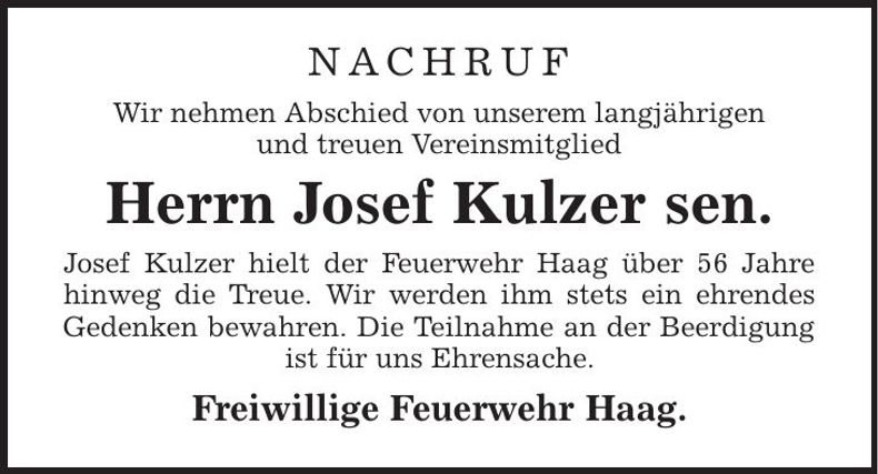 Traueranzeige Josef Kulzer