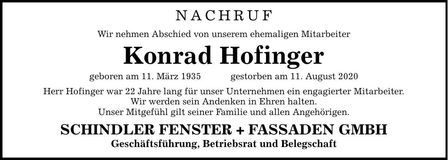 Traueranzeige Konrad Hofinger