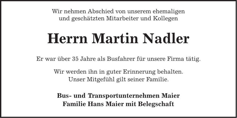 Traueranzeige Martin Nadler