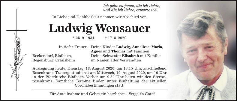 Traueranzeige Ludwig Wensauer