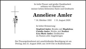 Traueranzeige Anneliese Amler