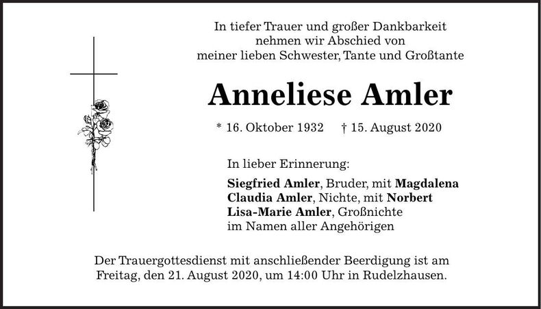 Traueranzeige Anneliese Amler