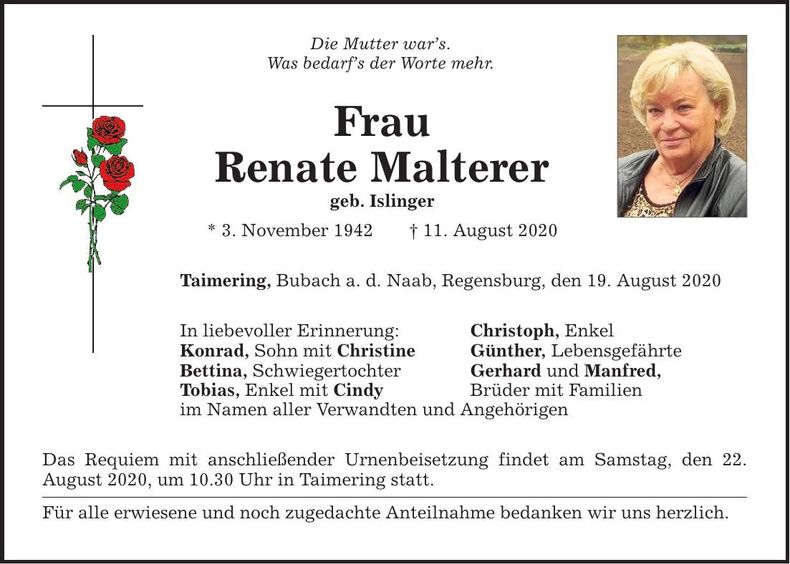 Traueranzeige Renate Malterer
