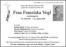 Traueranzeige Franziska Vogl