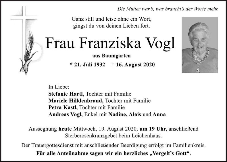 Traueranzeige Franziska Vogl