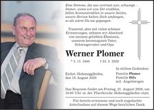 Traueranzeige Werner Plomer