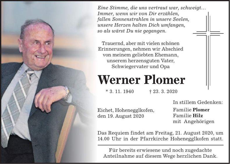 Traueranzeige Werner Plomer