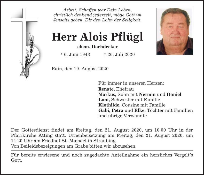 Traueranzeige Alois Pflügl