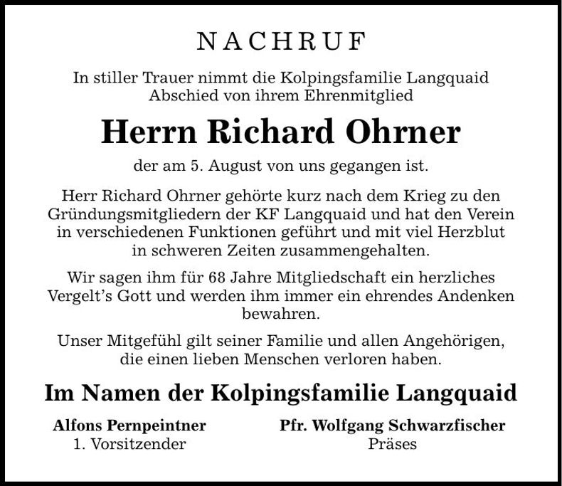 Traueranzeige Richard Ohrner