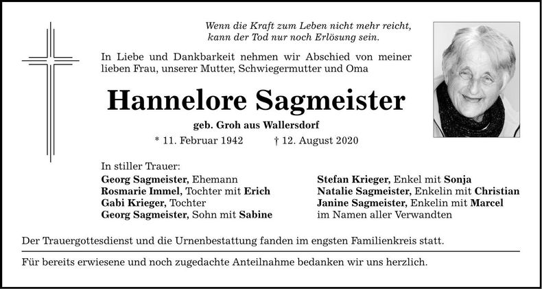 Traueranzeige hannelore Sagmeister