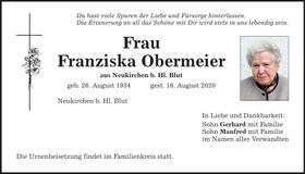 Traueranzeige Franziska Obermeier