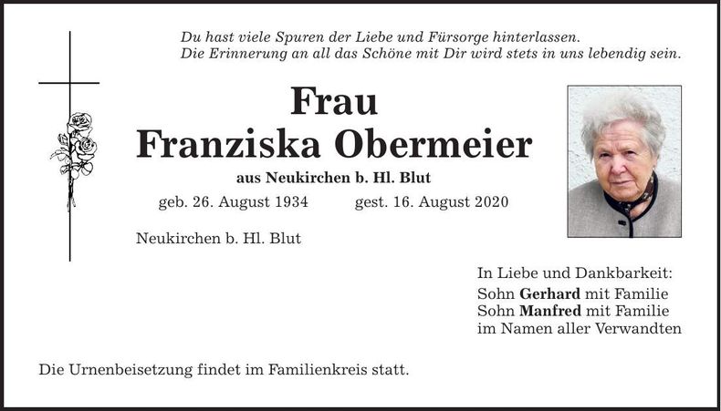 Traueranzeige Franziska Obermeier