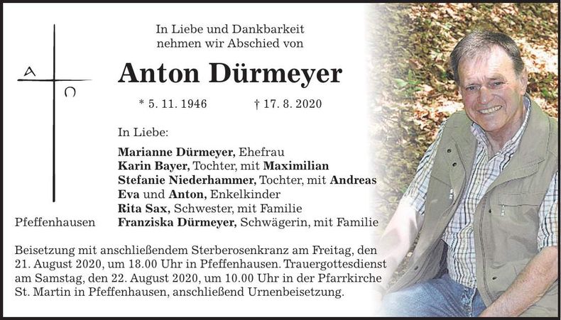 Traueranzeige Anton Dürmeyer